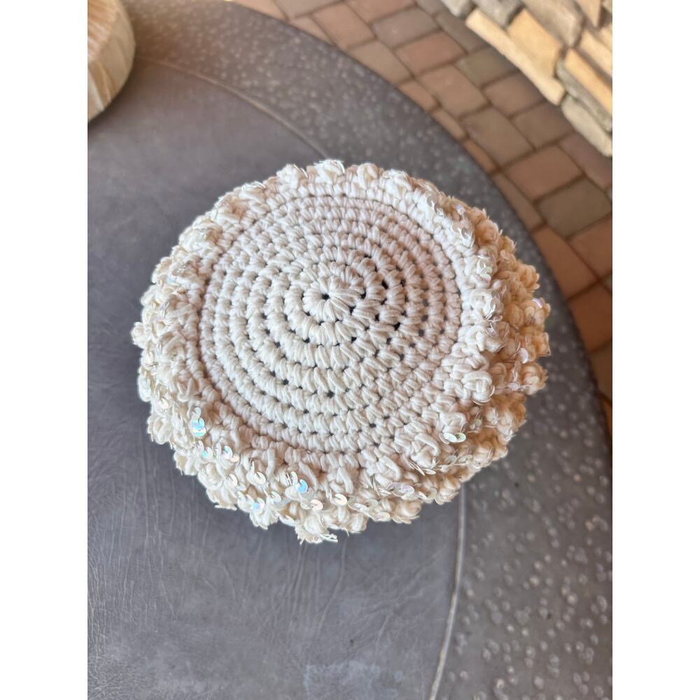 Vintage 1960s Ivory Sequin Pillbox Hat | Handmade Crocheted Wedding Church Hat